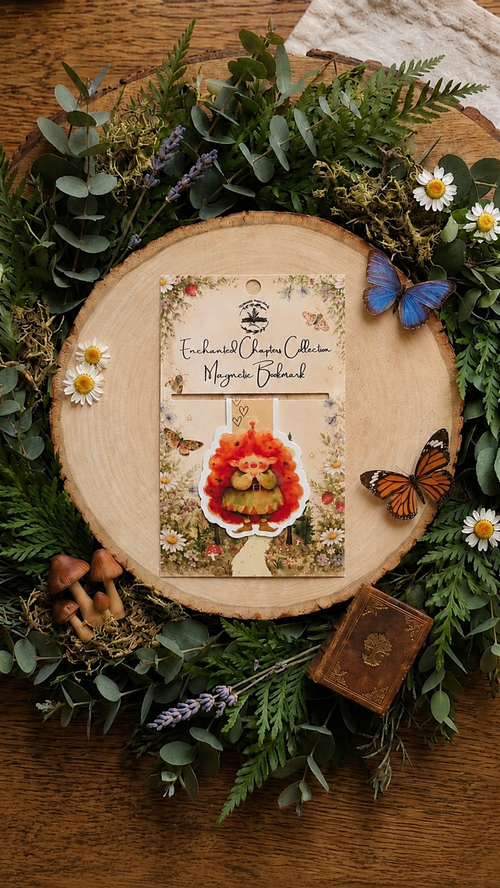 bookmark featuring an illustrated troll on a wooden slab surrounded by greenery. The label says Enchanted Chapters Collection and that it is a Magnetic Bookmark